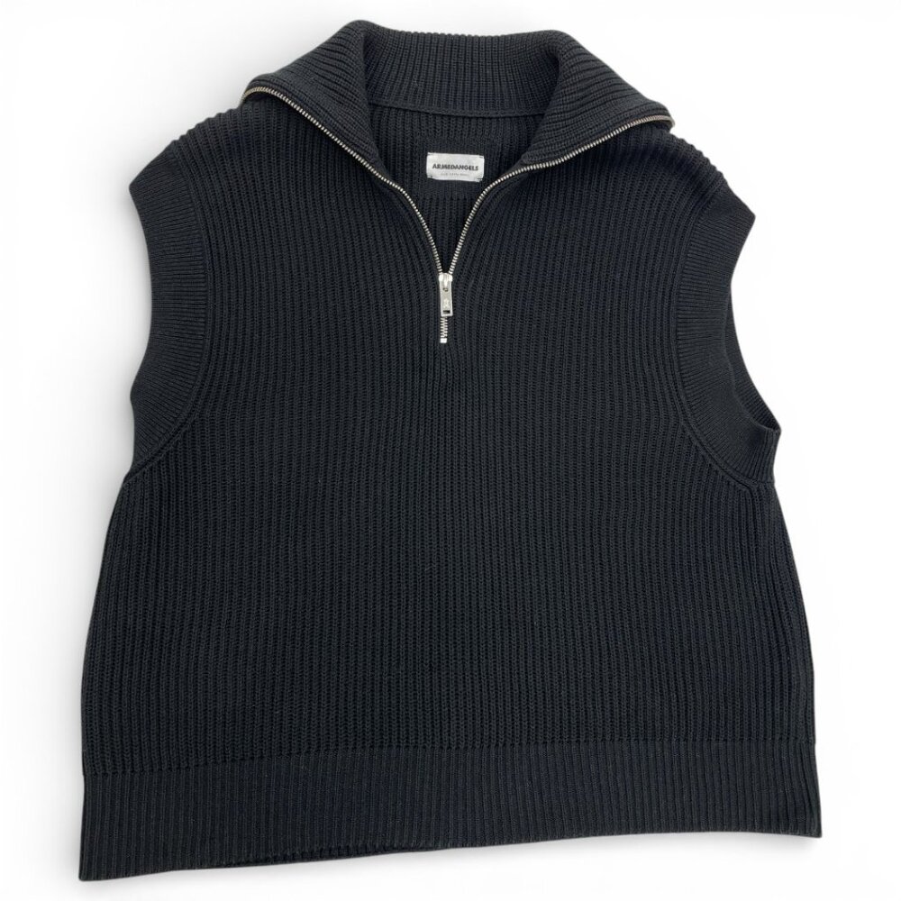 Armedangels Aylaa Sleeveless Sweater Ribbed Black Knit Vest Zip Collar Women XS